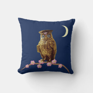Golden Owl, Flowers and Crescent Moon on Navy Blue Cushion