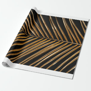 Golden painted date palm leaf closeup on abstract wrapping paper