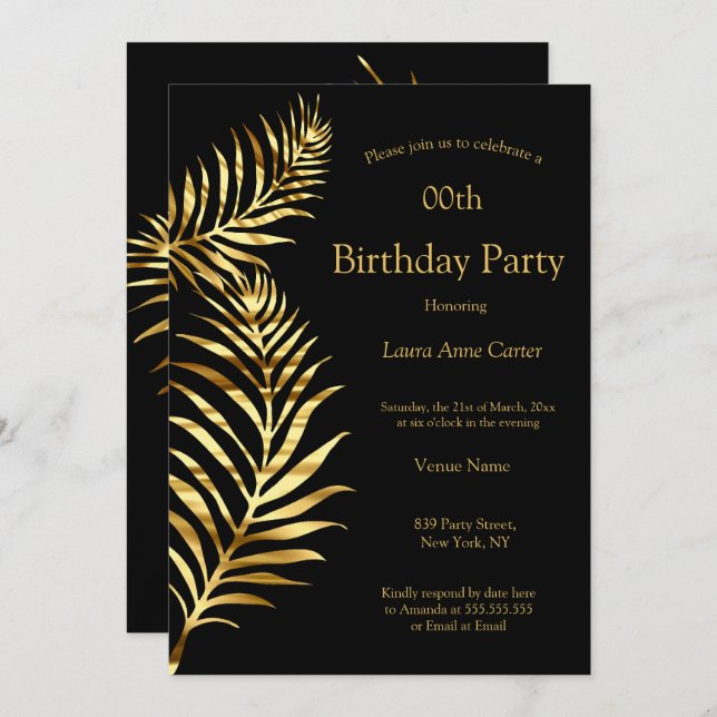 Golden Palm Black Gold Birthday Party Invitation (Front/Back)