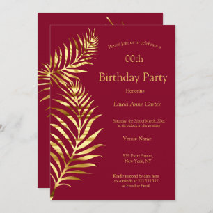 Golden Palm Burgundy Red Gold Birthday Party Invitation