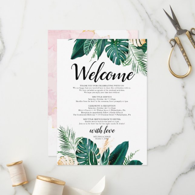 Golden Palm Invitation welcome letter Wedding invi (Front/Back In Situ)