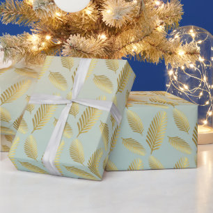 Golden Palm Leaves Pattern And Shade Of Blue Wrapping Paper