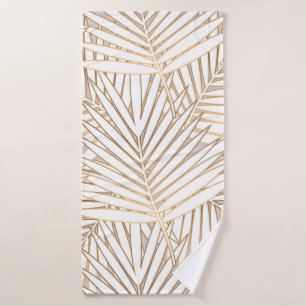 Golden palm leaves seamless pattern on white backg bath towel