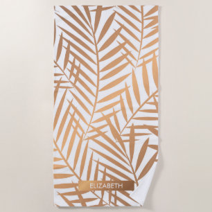 Golden Palm Tree Leaf Pattern Beach Towel