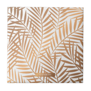 Golden Palm Tree Leaf Pattern Ceramic Tile