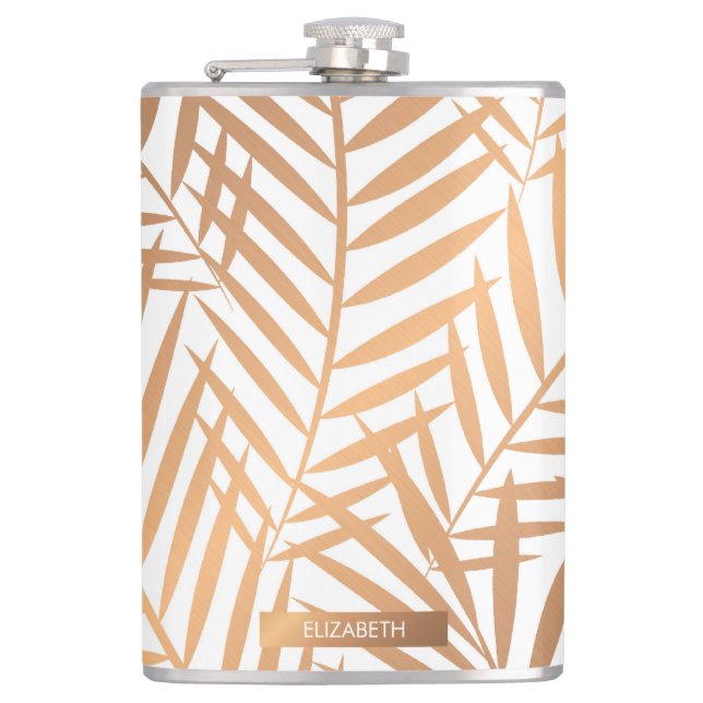 Golden Palm Tree Leaf Pattern Hip Flask (Front)