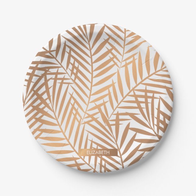 Golden Palm Tree Leaf Pattern Paper Plate (Front)