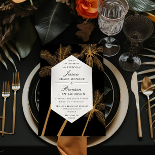 golden palm trees sophisticated tropical wedding invitation