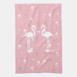 Golden Palm Trees Two White Flamingo Birds Tea Towel