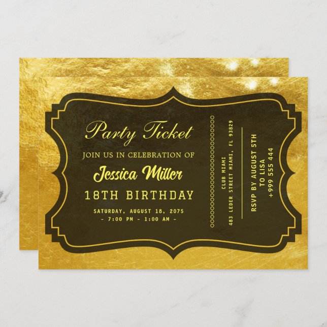Golden Party Ticket Invitation (Front/Back)