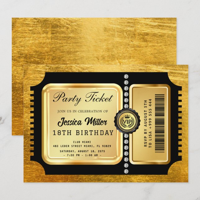 Golden Party Ticket Invitation (Front/Back)