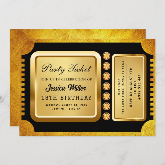 Golden Party Ticket Invitation (Front/Back)