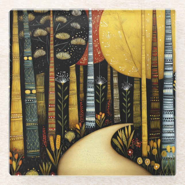 GOLDEN PATH GROVE WHIMSICAL FOREST ART #1 GLASS COASTER (Front)
