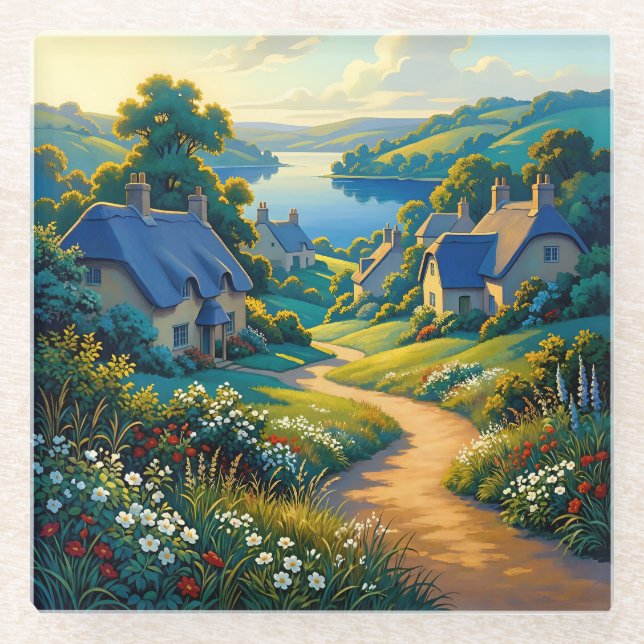 Golden Path to Blue Water Glass Coaster (Front)