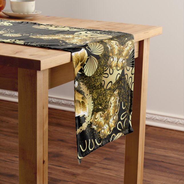 Golden Pattern 16.bwm Black BG Long Table Runner (In Situ)
