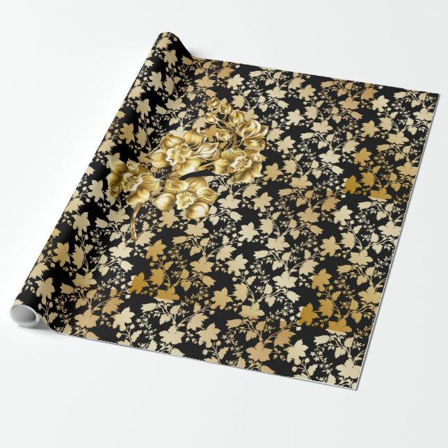 Golden pattern 21,bw. Black BG Wrapping Paper (Unrolled)