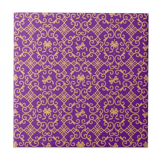 Golden Pattern with Purple Background Ceramic Tile (Front)