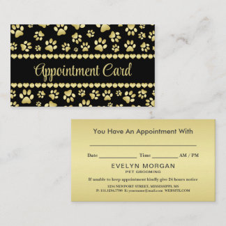Golden Paw Prints on Black with Custom Name Appointment Card