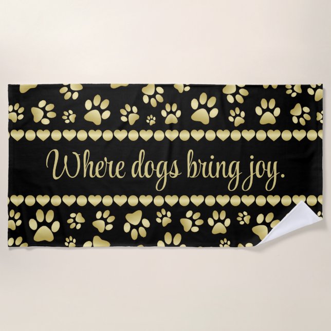 Golden Paw Prints on Black with Custom Name Beach Towel (Front)