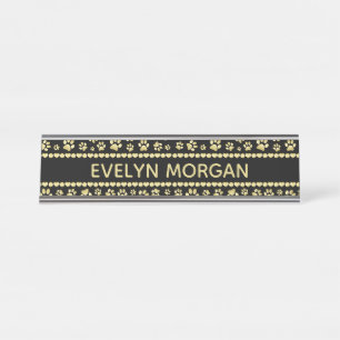 Golden Paw Prints on Black with Custom Name Desk Name Plate