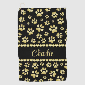 Golden Paw Prints on Black with Custom Name Golf Towel