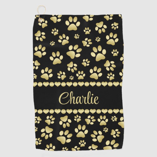 Golden Paw Prints on Black with Custom Name Golf Towel (Front)