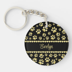 Golden Paw Prints on Black with Custom Name Key Ring