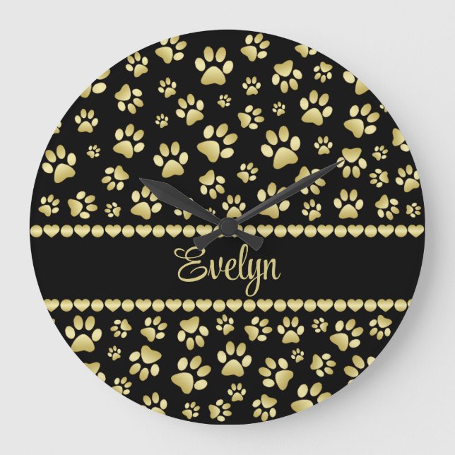 Golden Paw Prints on Black with Custom Name Large Clock (Front)