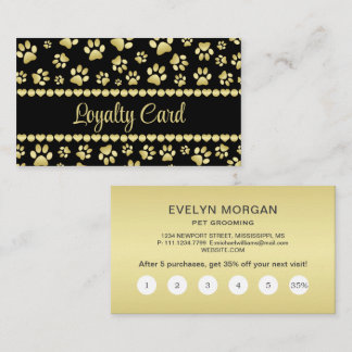 Golden Paw Prints on Black with Custom Name Loyalty Card