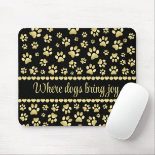 Golden Paw Prints on Black with Custom Name Mouse Pad