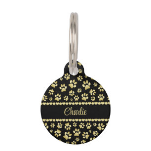 Golden Paw Prints on Black with Custom Name Pet Tag