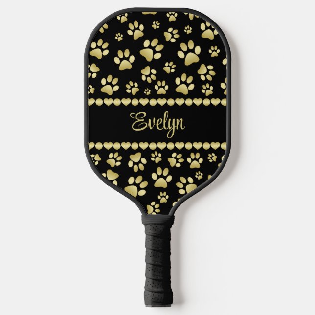 Golden Paw Prints on Black with Custom Name Pickleball Paddle (Front)