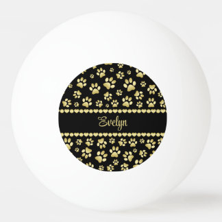 Golden Paw Prints on Black with Custom Name Ping Pong Ball