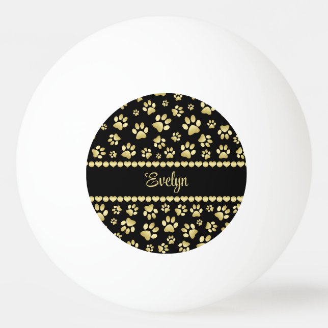 Golden Paw Prints on Black with Custom Name Ping Pong Ball (Front)