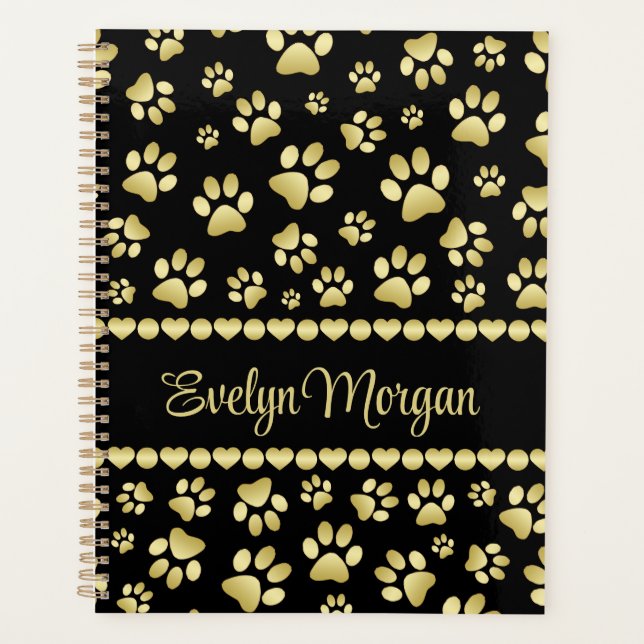 Golden Paw Prints on Black with Custom Name Planner (Front)