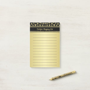 Golden Paw Prints on Black with Custom Name Post-it Notes