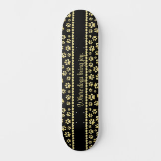 Golden Paw Prints on Black with Custom Name Skateboard