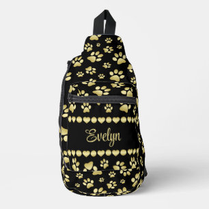 Golden Paw Prints on Black with Custom Name Sling Bag