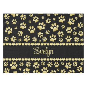 Golden Paw Prints on Black with Custom Name Tablecloth