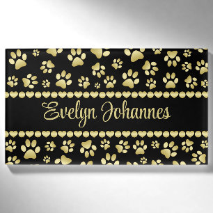 Golden Paw Prints on Black with Custom Name Tag