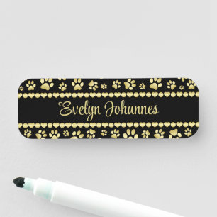 Golden Paw Prints on Black with Custom Name Tag