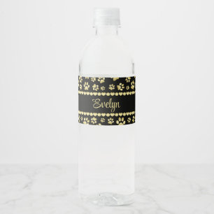 Golden Paw Prints on Black with Custom Name Water Bottle Label