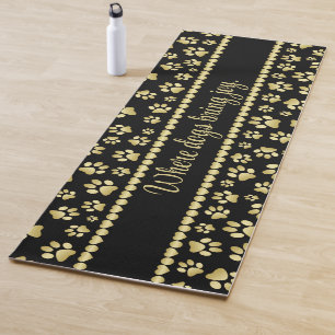 Golden Paw Prints on Black with Custom Name Yoga Mat