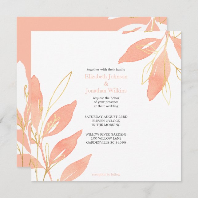 Golden Peach Floral Watercolor Wedding Invitation (Front/Back)