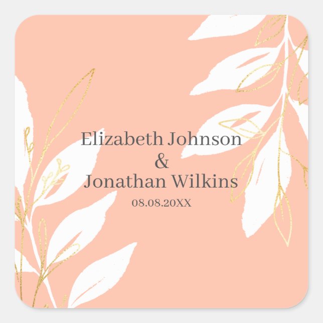 Golden Peach Watercolor Floral Wedding Square Sticker (Front)