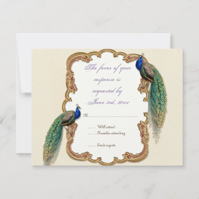 Golden Peacock & Calligraphy RSVP Response Card (Front)