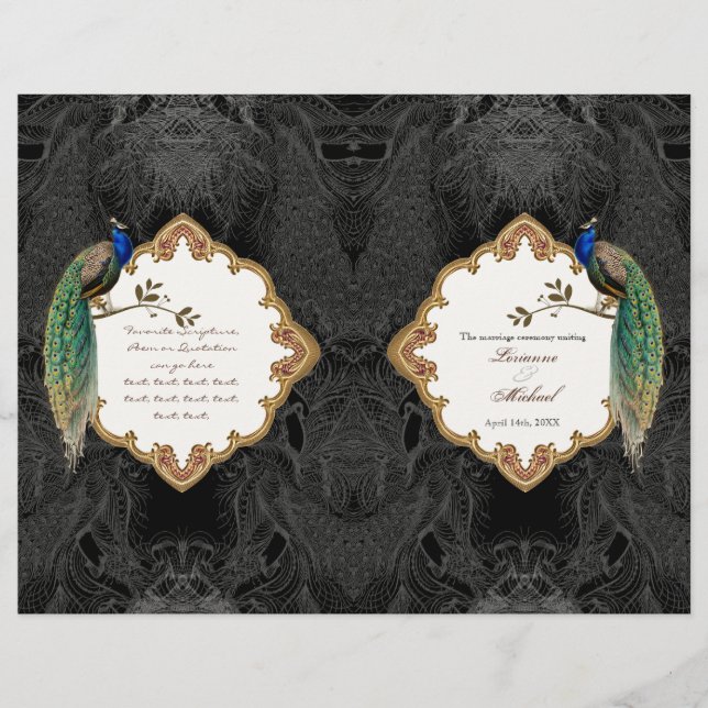 Golden Peacock & Calligraphy Swirl Wedding Program (Front)