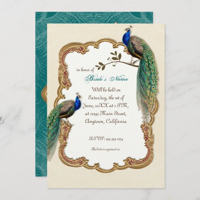 Golden Peacock & Calligraphy Swirls Invitation (Front/Back)