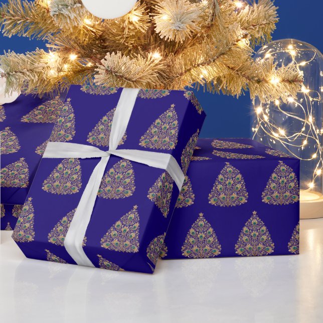 Golden Peacock Christmas Tree Art Lapis Blue Wrapping Paper (Holidays)