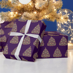 Golden Peacock Christmas Trees Imperial Purple Wrapping Paper